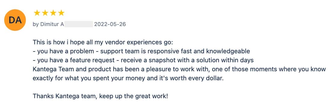 Five star review example from customer