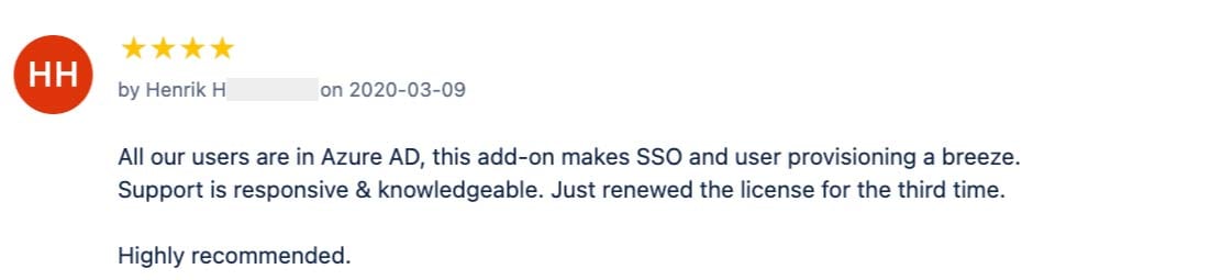 Five star review example from customer