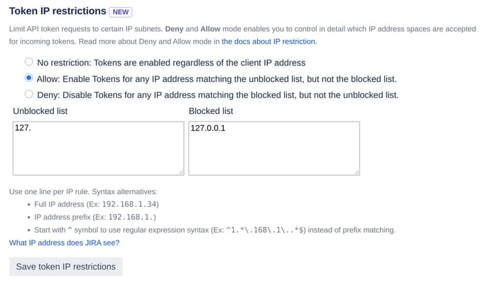 Token IP restrictions administration screen