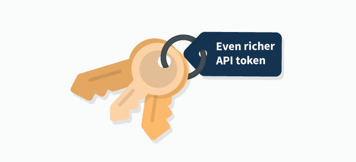 Flat illustration of three gold keys with a tag containing the words even richer API tokens