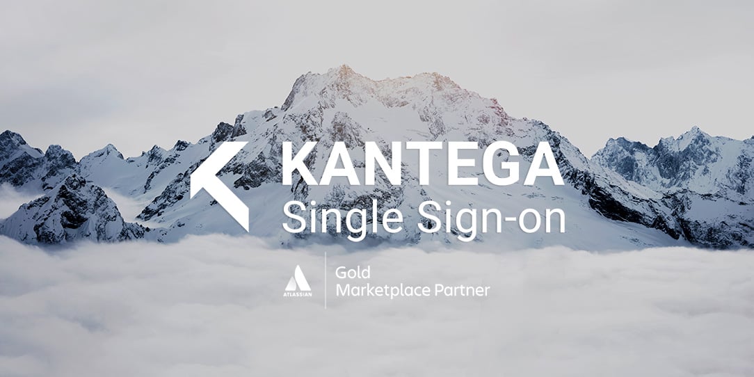 Bright mountains covered in snow with the Kantega Single-Sign On logo in front