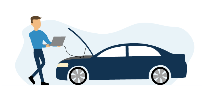 Flat illustration of a man with a laptop trying to jump start his car