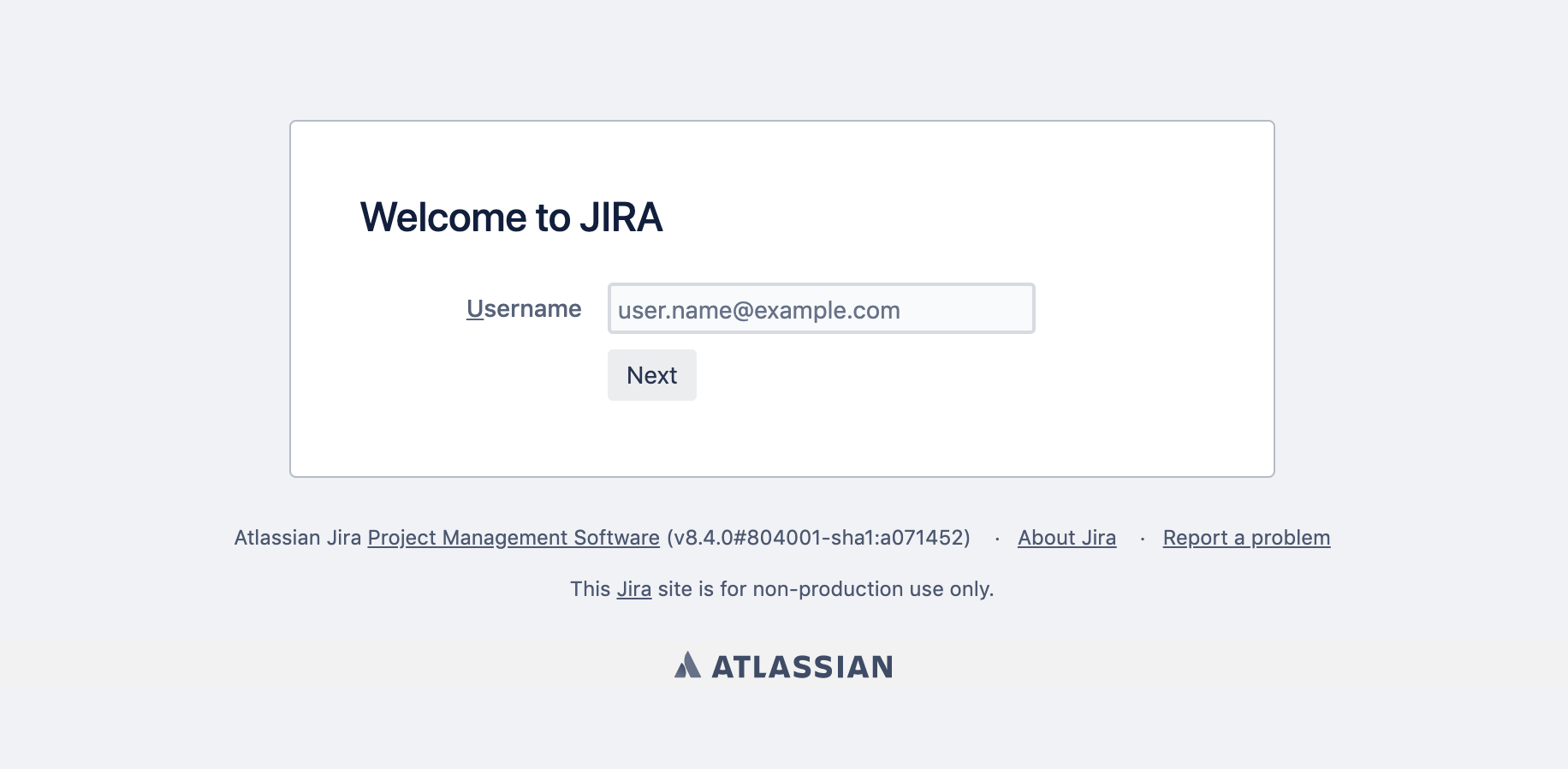 Example of login screen to Atlassian Jira with the text Welcome to Jira with username field and a next button